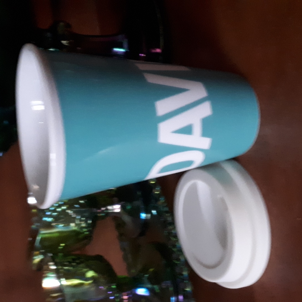 David'sTea take away cup.  Aqua and white with white silicone lid (2 availabe)